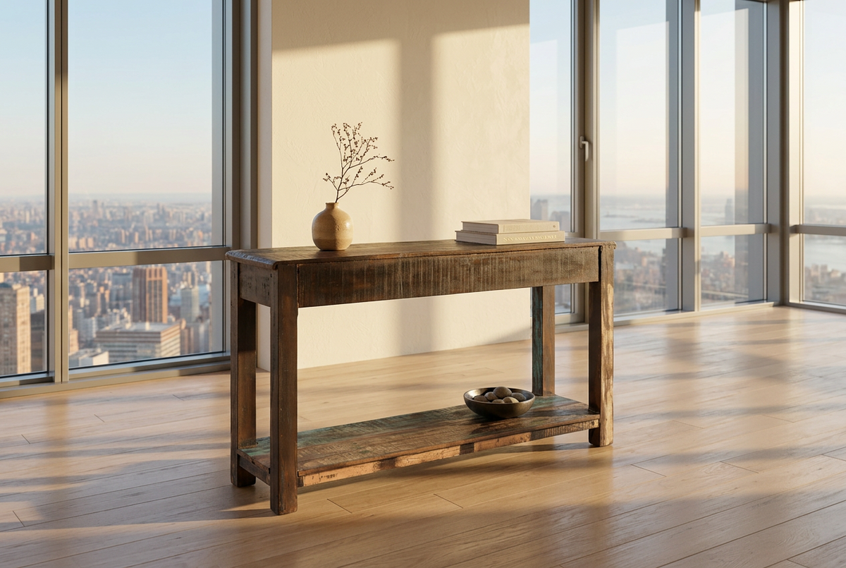 Solid reclaimed console table engineered with authentic architectural mortise joinery and century-old salvaged saal timber