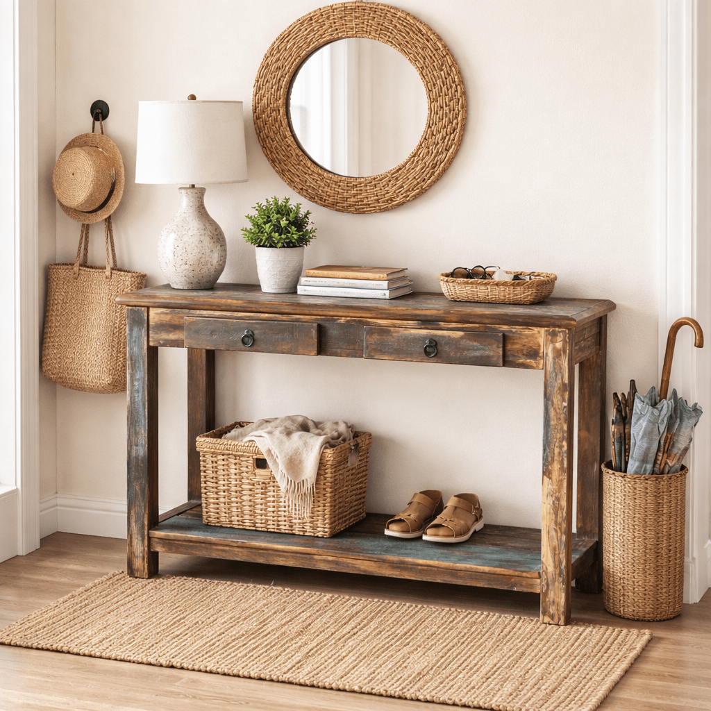 Architectural reclaimed console table anchoring an elite luxury estate foyer with timeless artisan presence at Home Man Cave