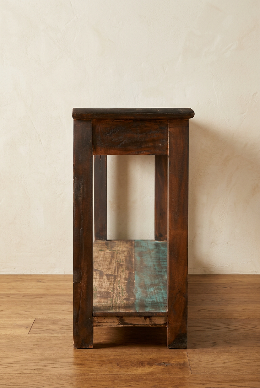 Artisan reclaimed console table highlighting narrow architectural proportions and dense salvaged saal timber craftsmanship