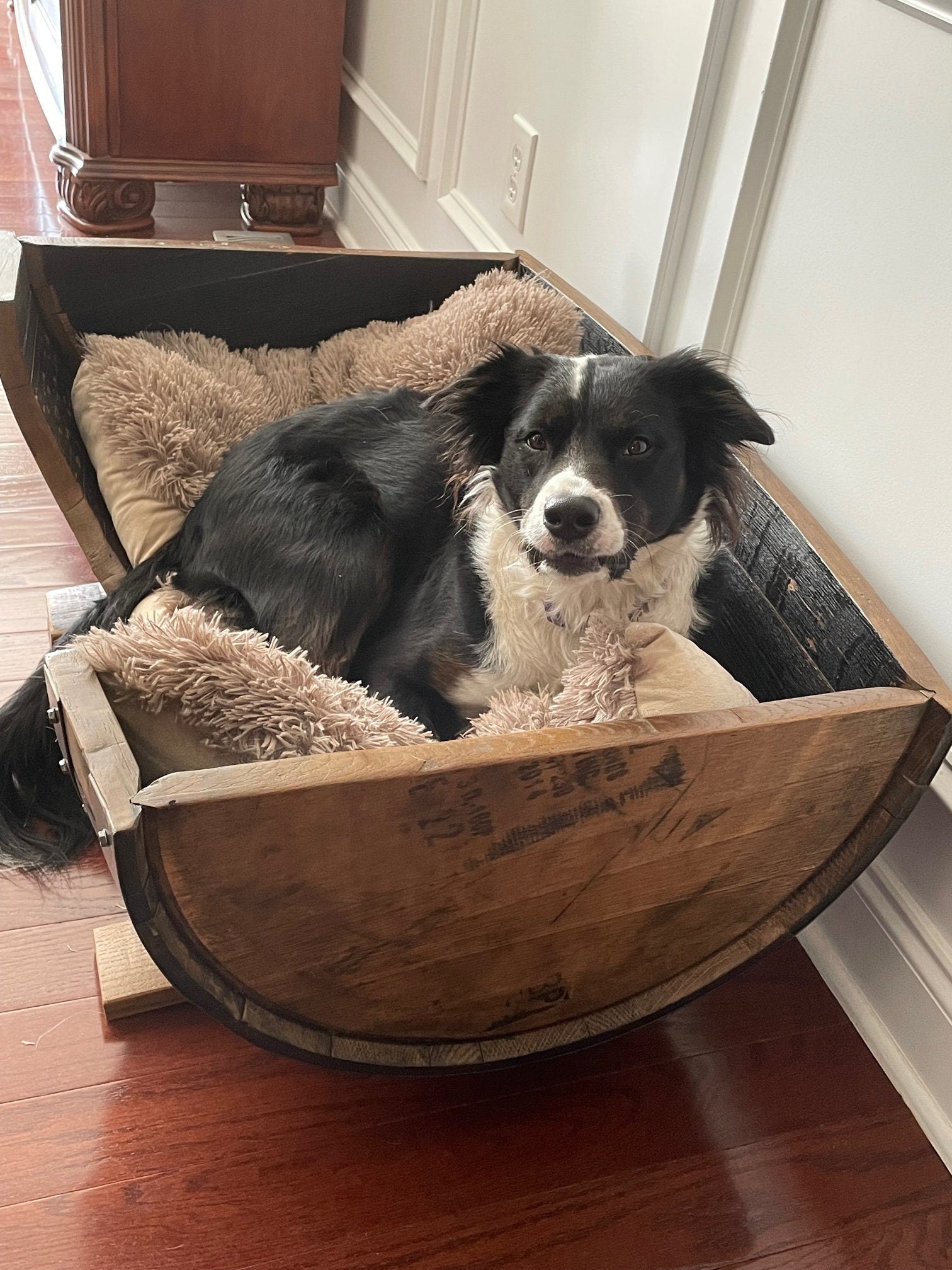 Artisan reclaimed dog bed built from 1-inch thick oak staves to anchor executive pet lounge environments at Home Man Cave.