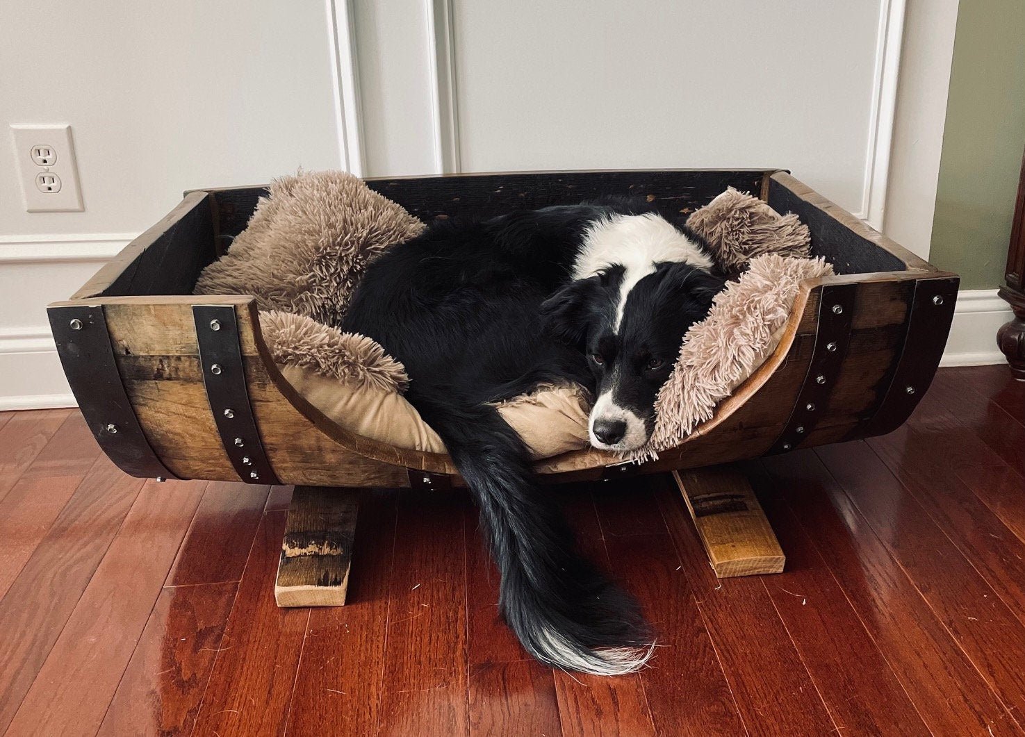 Authentic reclaimed dog bed hand-crafted from solid oak whiskey casks for luxury private estate suites at Home Man Cave.