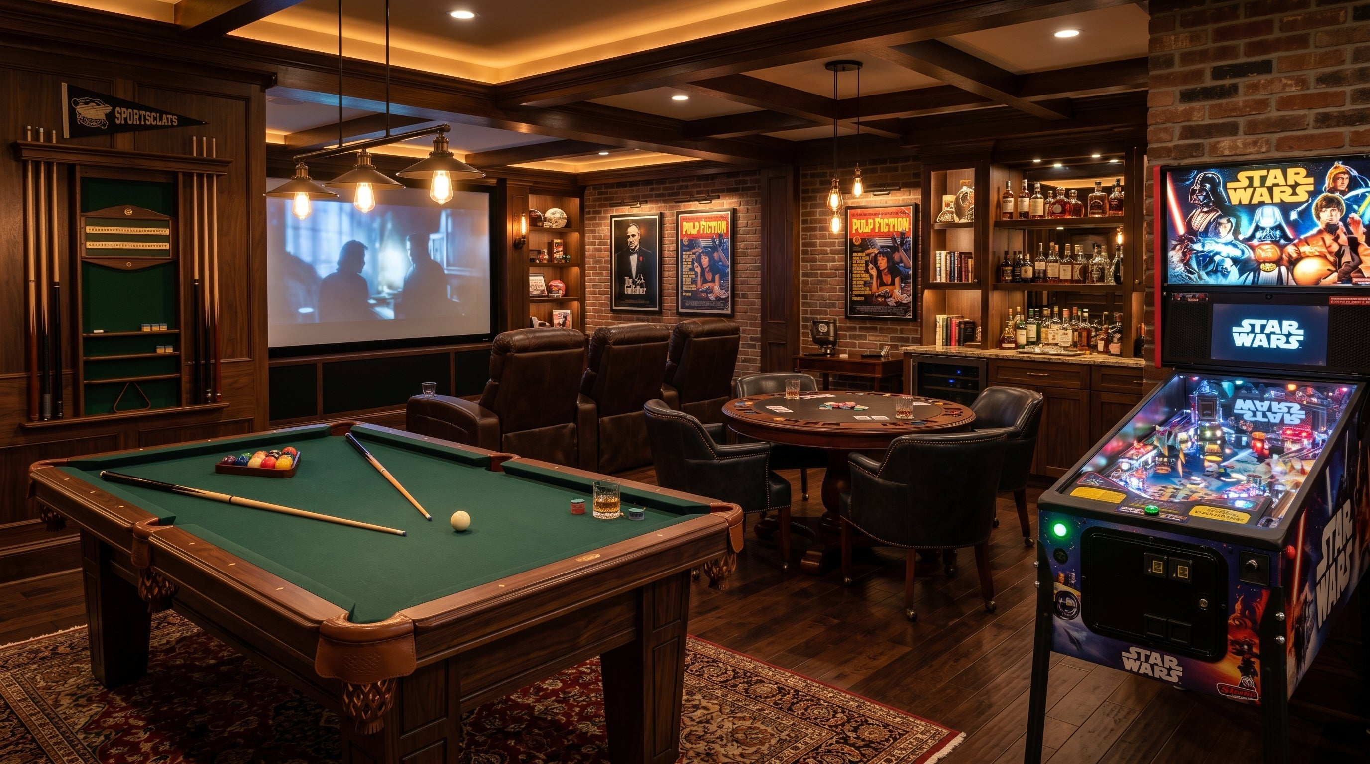 The Most Coveted Assets luxury game room with a premium pool table and high-end pinball machine at Home Man Cave.