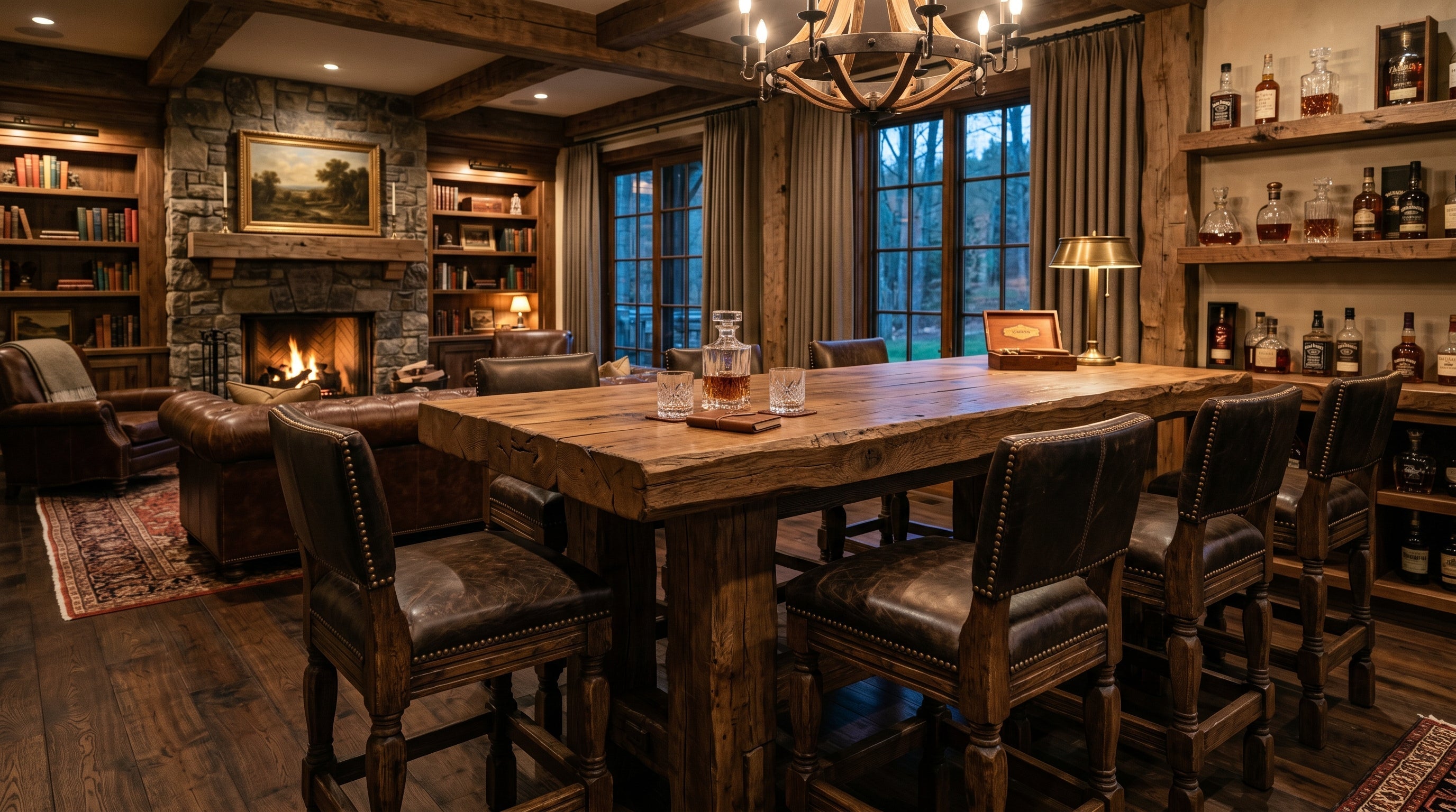 Luxury home bar furniture featuring reclaimed wood dining table leather chairs and stone fireplace at Home Man Cave