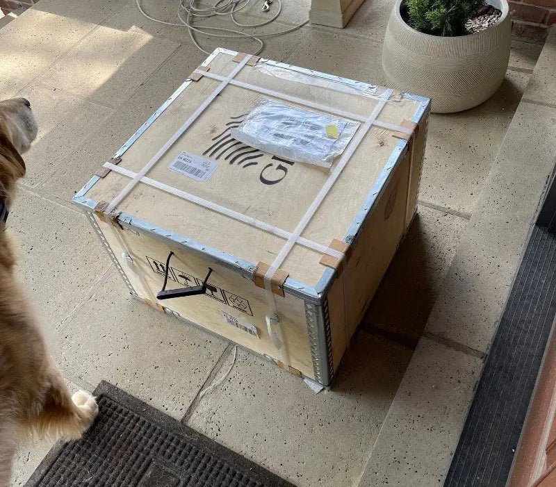 Bespoke luxury resin table assets arrive fully assembled inside heavy-duty protective wooden crate freight packaging units