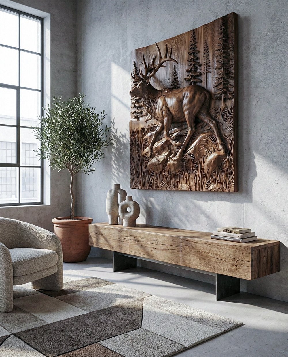 3D relief wood panel elk hand carved luxury wood wall art executive office suite sanctuary chalet asset at Home Man Cave