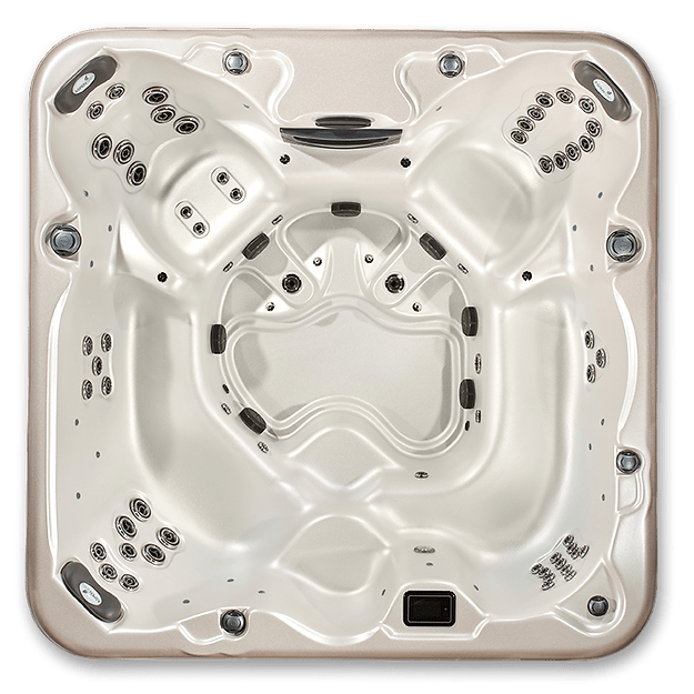 Luxury hydrotherapy spa internal shell configuration dual captain chairs neck support jets open footwell layout architecture