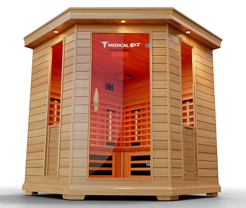 Medical luxury indoor sauna six-person chamber constructed from non-allergenic architectural Hemlock timber corner frame