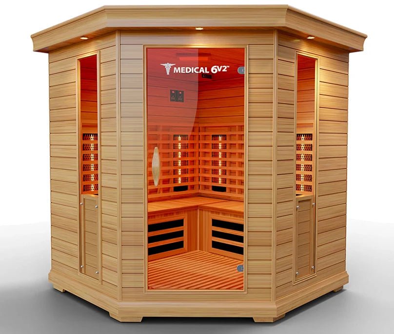 Bespoke luxury indoor sauna six-person medical chamber built to an exact 66 by 66 by 77 inch exterior footprint dimension