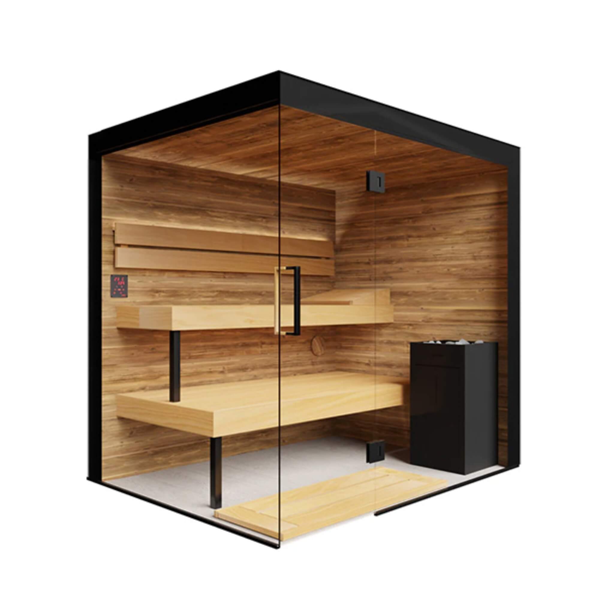 Architectural panoramic glass sauna cabin featuring floor-to-ceiling solarium glass panels and frameless flush mount door