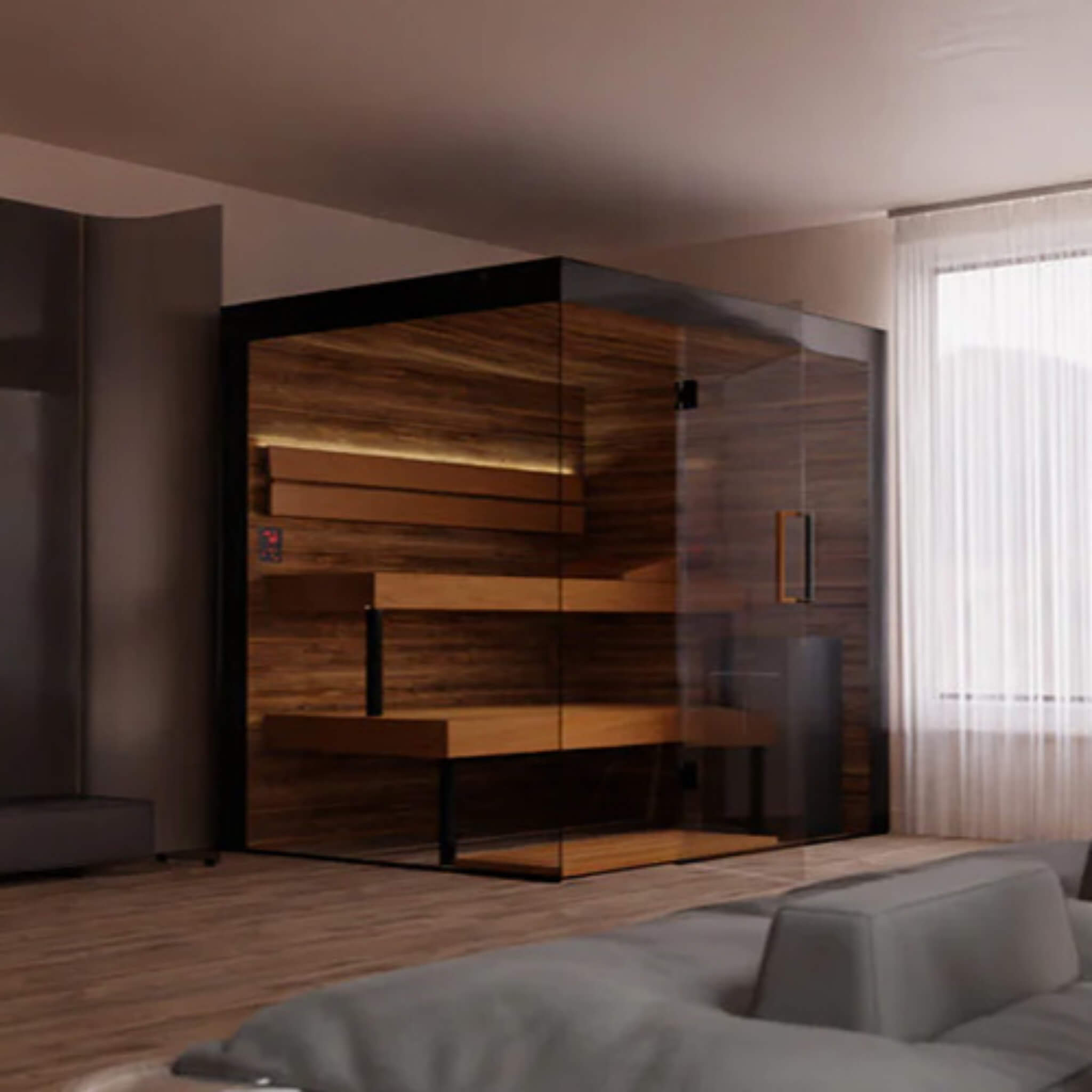Architectural panoramic glass sauna cabin multi-person retreat styled within modern private lounge spaces at Home Man Cave