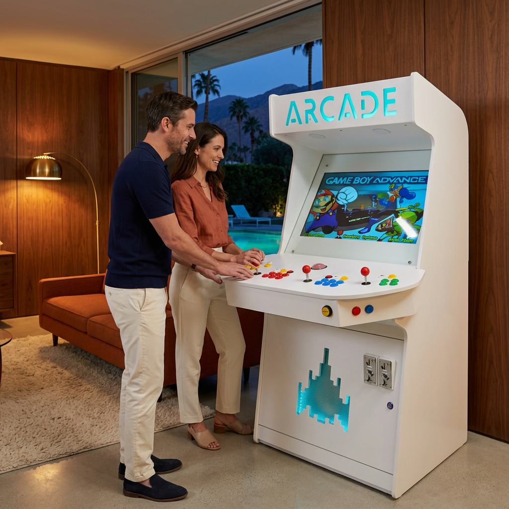 Bespoke white gloss arcade cabinet from the Artisan Edition anchors an ultra-modern luxury gaming lounge at Home Man Cave.
