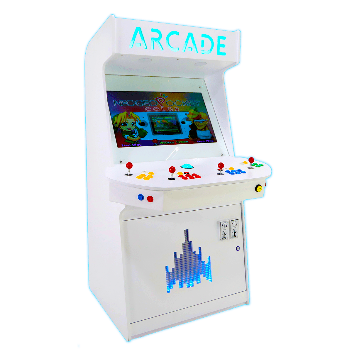 Bespoke white gloss arcade cabinet features a custom amplified acoustic sound setup and a comprehensive five-year warranty.