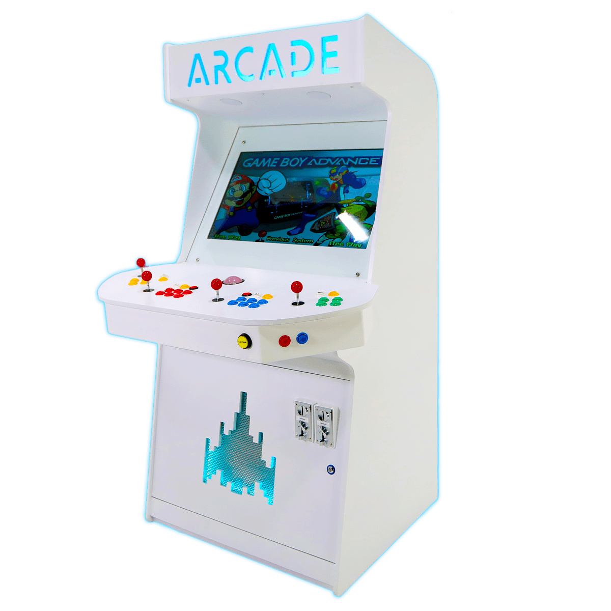 Bespoke white gloss arcade cabinet is masterfully engineered with a premium structural plywood core and a 32-inch display.