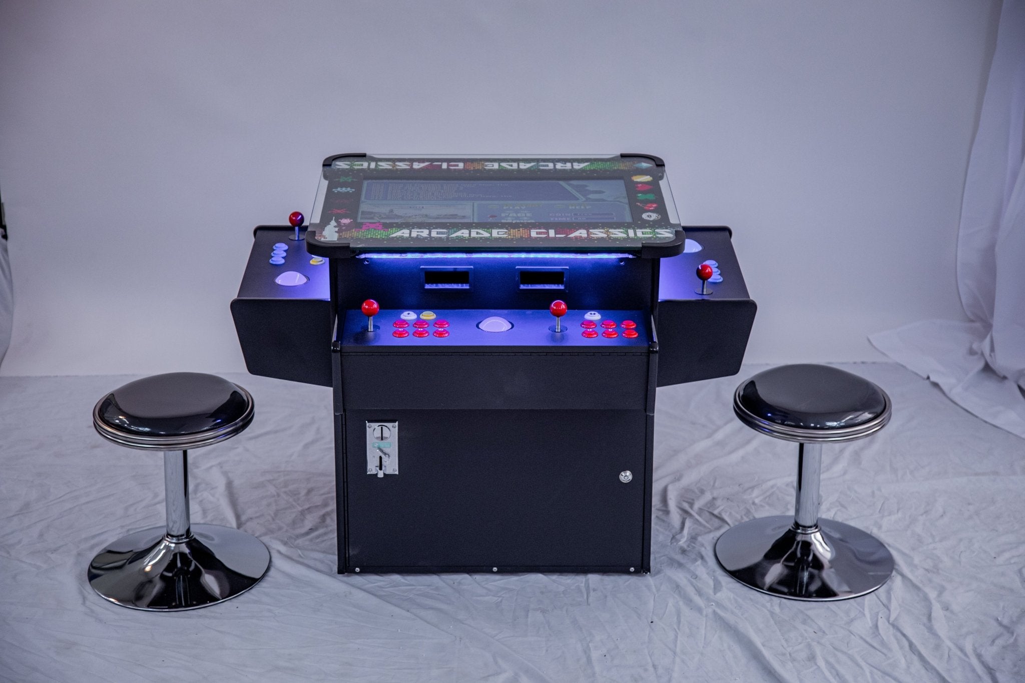 Premium cocktail arcade console is beautifully paired with a modular cabinet base riser enclosure and two metal benches.