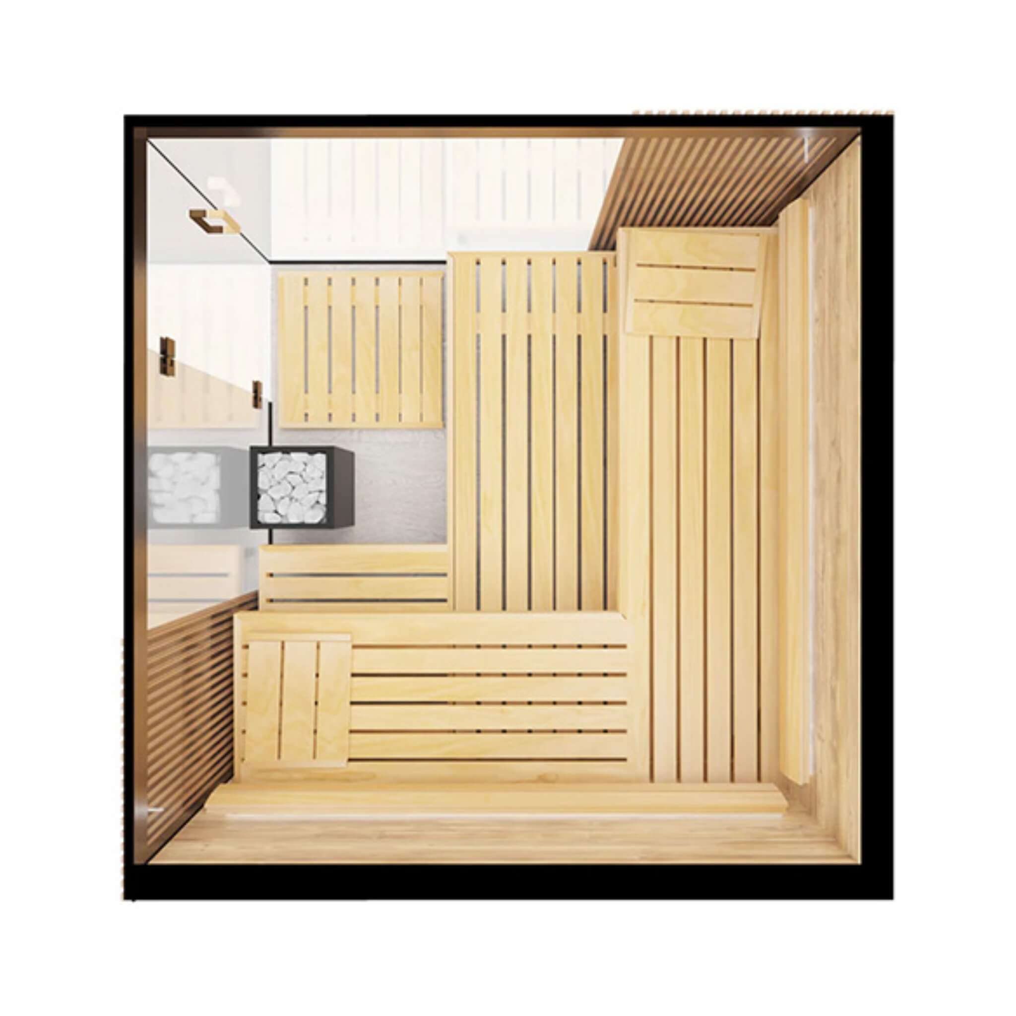 Architectural panoramic glass indoor sauna cabin four-person interior configured with multi-tier seating and open footwell