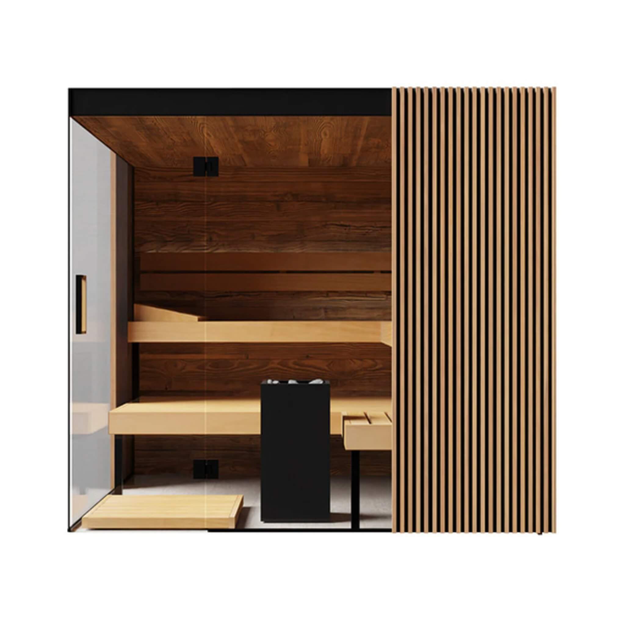 Bespoke panoramic glass sauna cabin integrating high-output Harvia Virta heating and multi-layer wood fiber insulation core