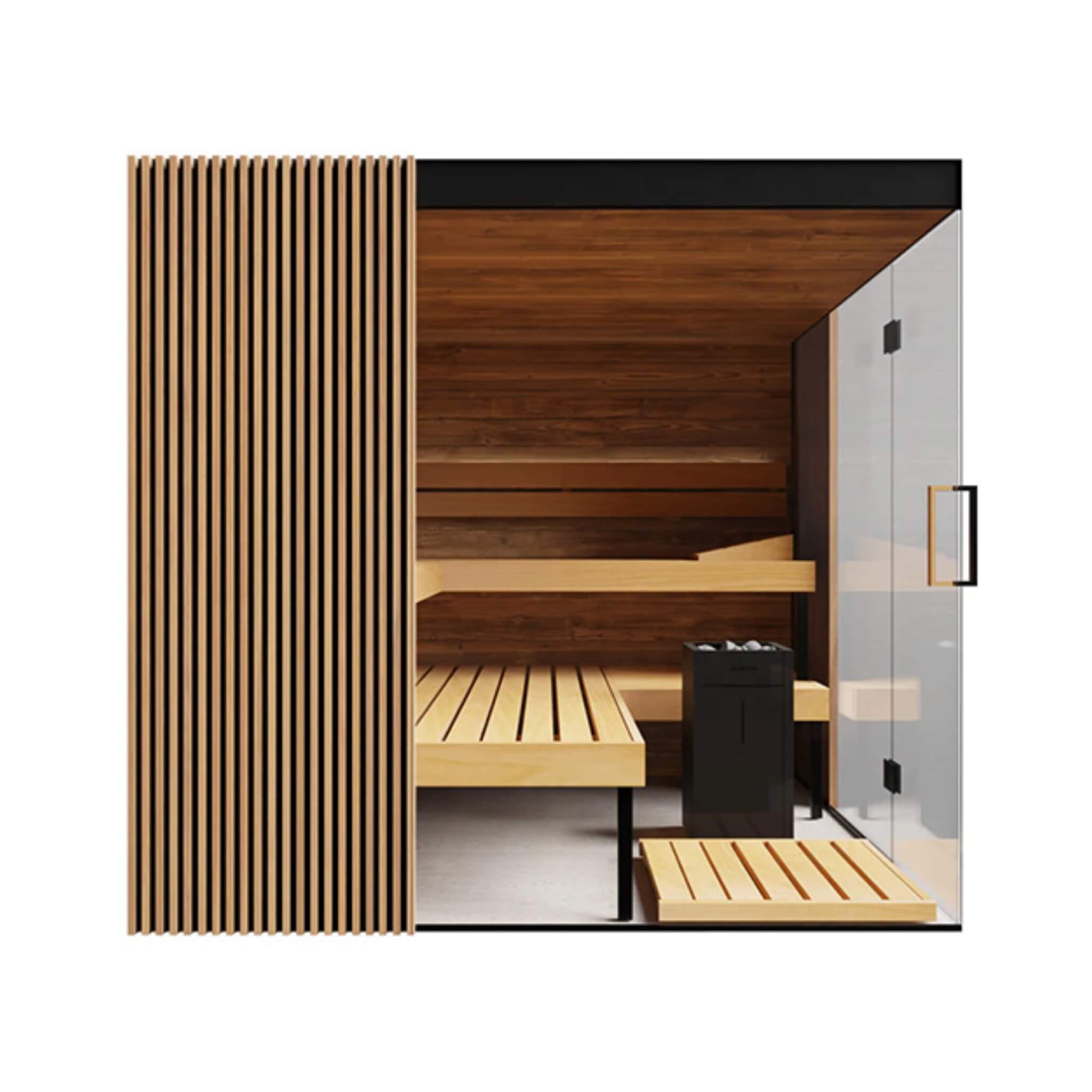 Artisan panoramic glass sauna cabin fitted with customizable RGB chromotherapy LED lighting for circadian wellness therapy