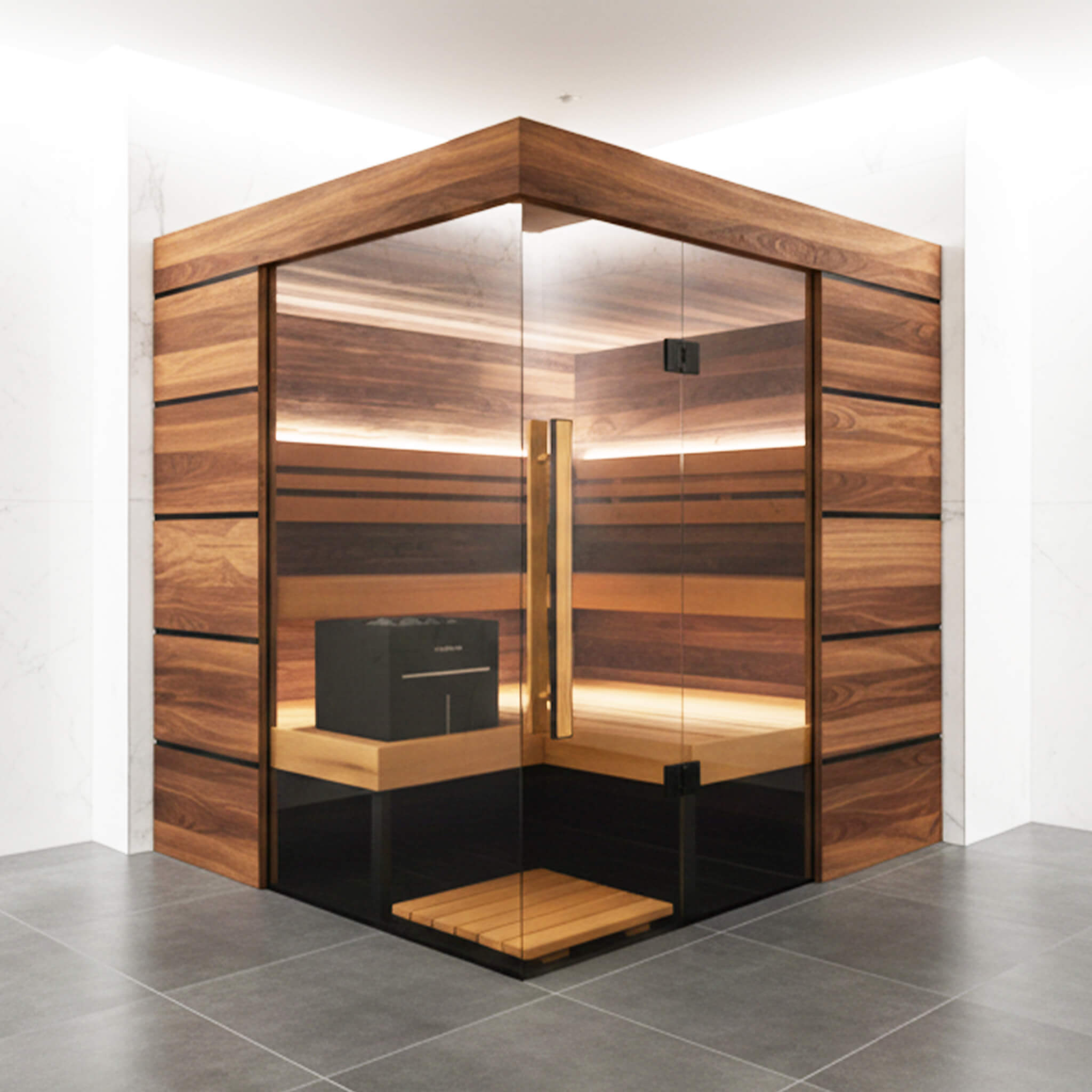 Freestanding glass sauna cabin wellness centerpiece custom interior design layout multi-layer wood fiber insulation barrier