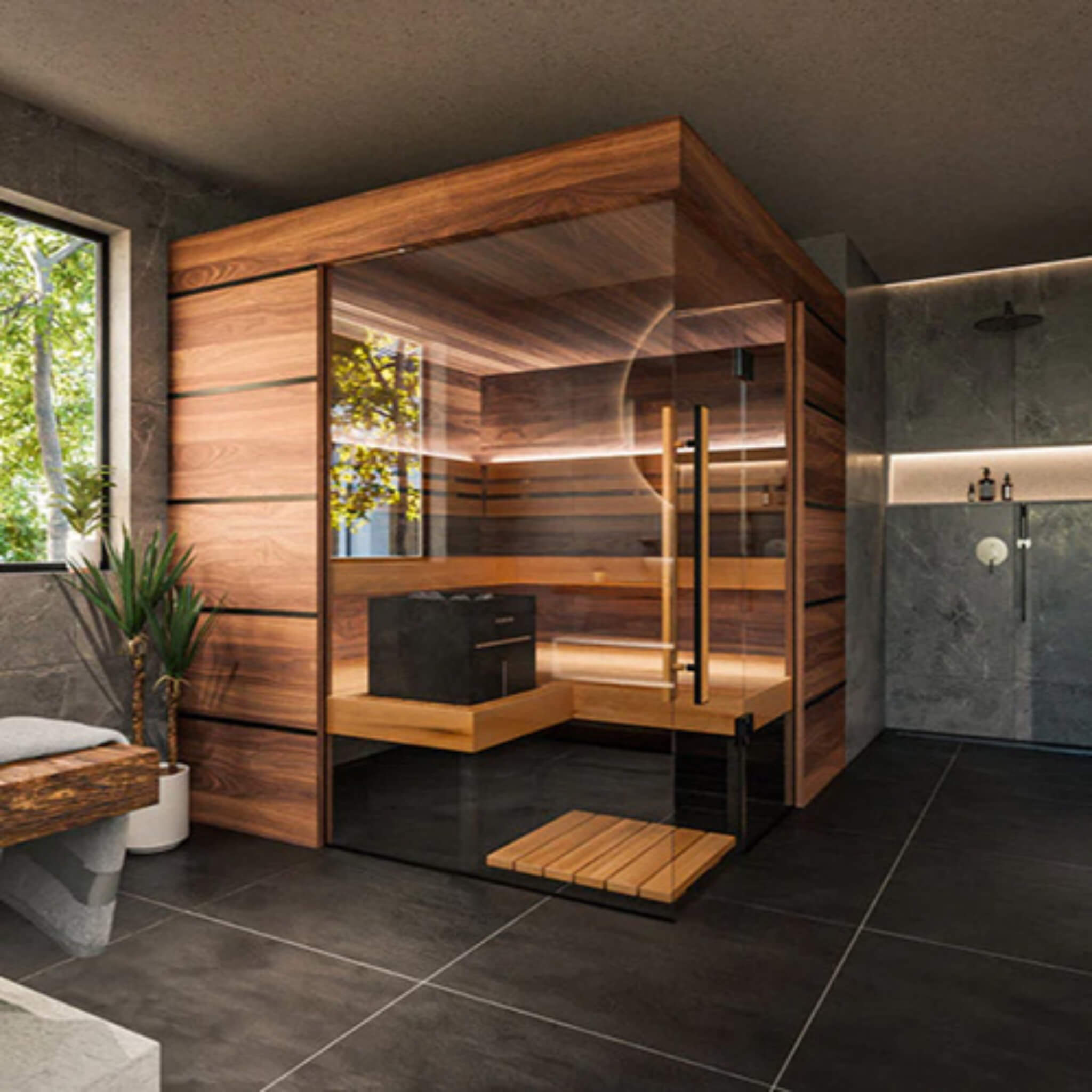 Premium glass sauna cabin home recovery center luxury master suite amenity Harvia Virta smart WiFi climate heater control