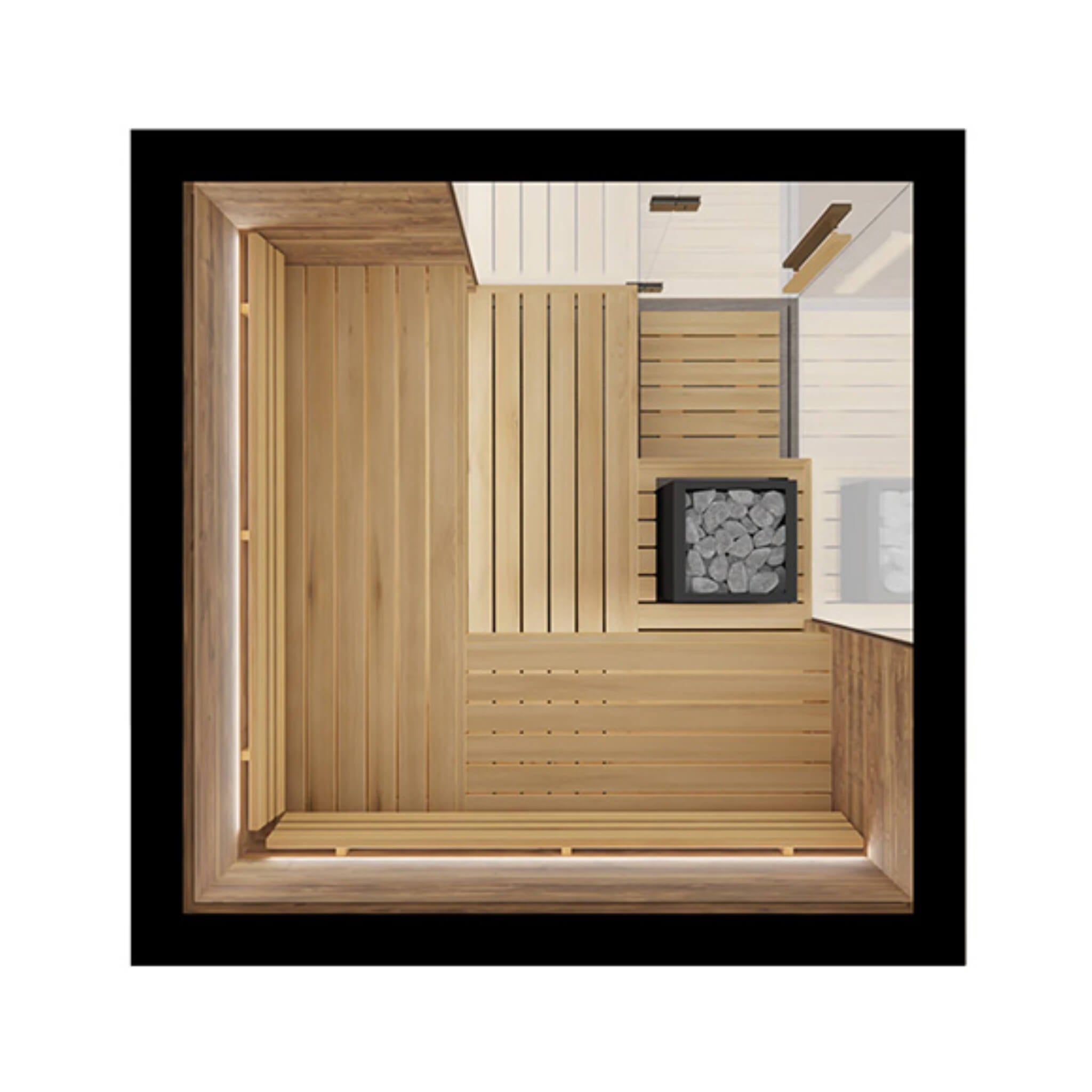 Corner panoramic glass sauna cabin design with brushed Tyrol wood interior paneling and luxury thermo-aspen floating benches