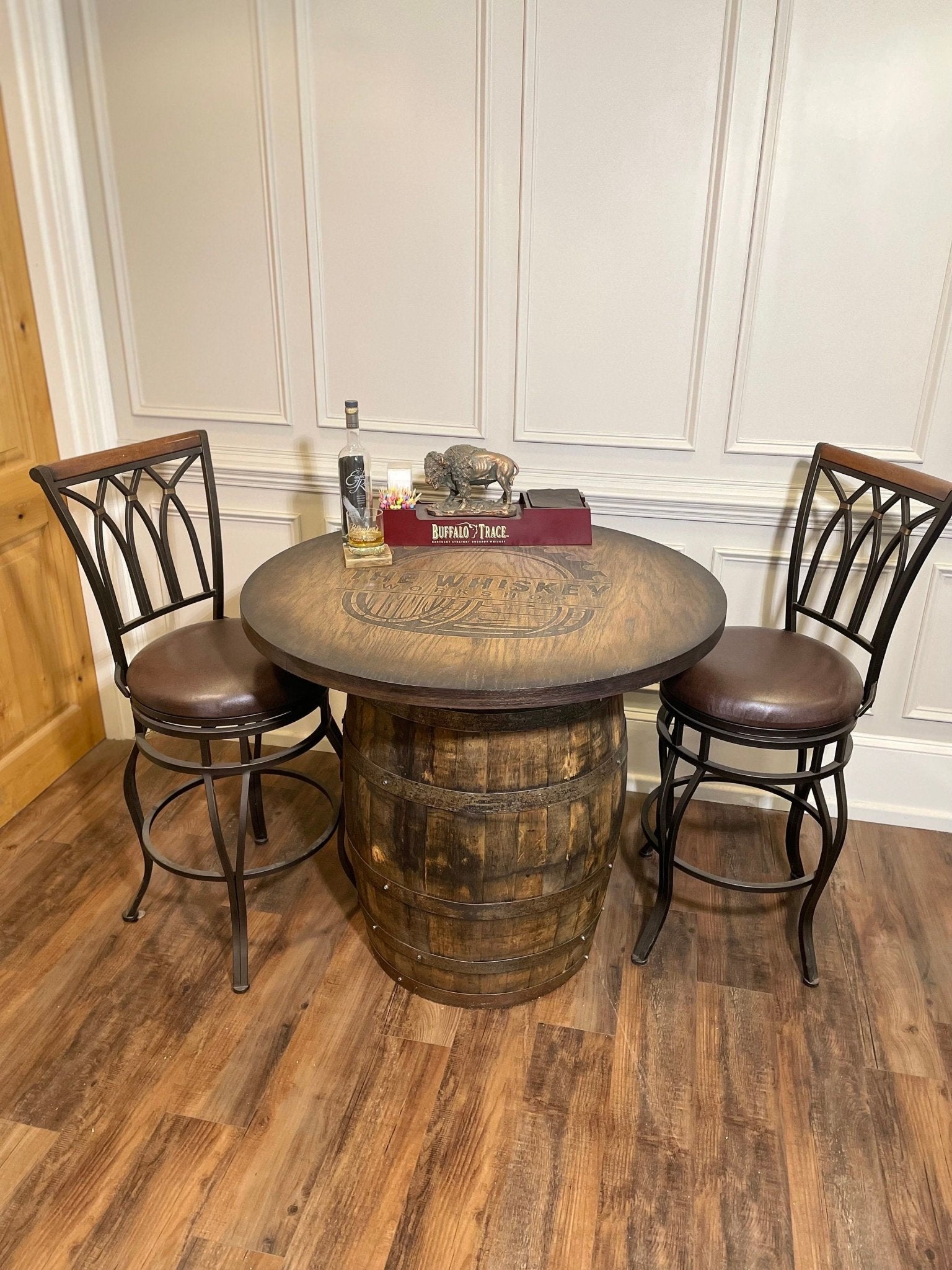 Authentic bourbon barrel table hand-crafted from reclaimed whiskey casks for private estate lounge rooms at Home Man Cave.