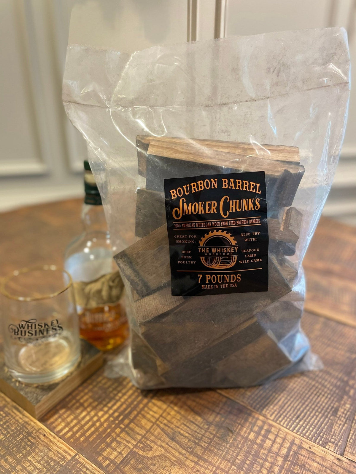 Authentic bourbon barrel smoking wood seven-pound reserve bag displayed for luxury estate tasting rooms at Home Man Cave.
