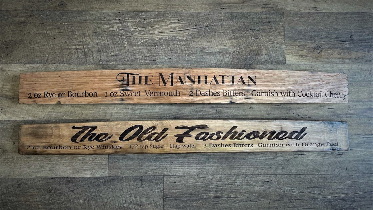 Authentic cocktail recipe stave sign hand-crafted from reclaimed distillery oak to elevate executive private bar wall decor.
