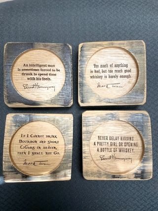 Authentic whiskey quote coasters hand-crafted from reclaimed bourbon barrels for executive bar lounges at Home Man Cave.