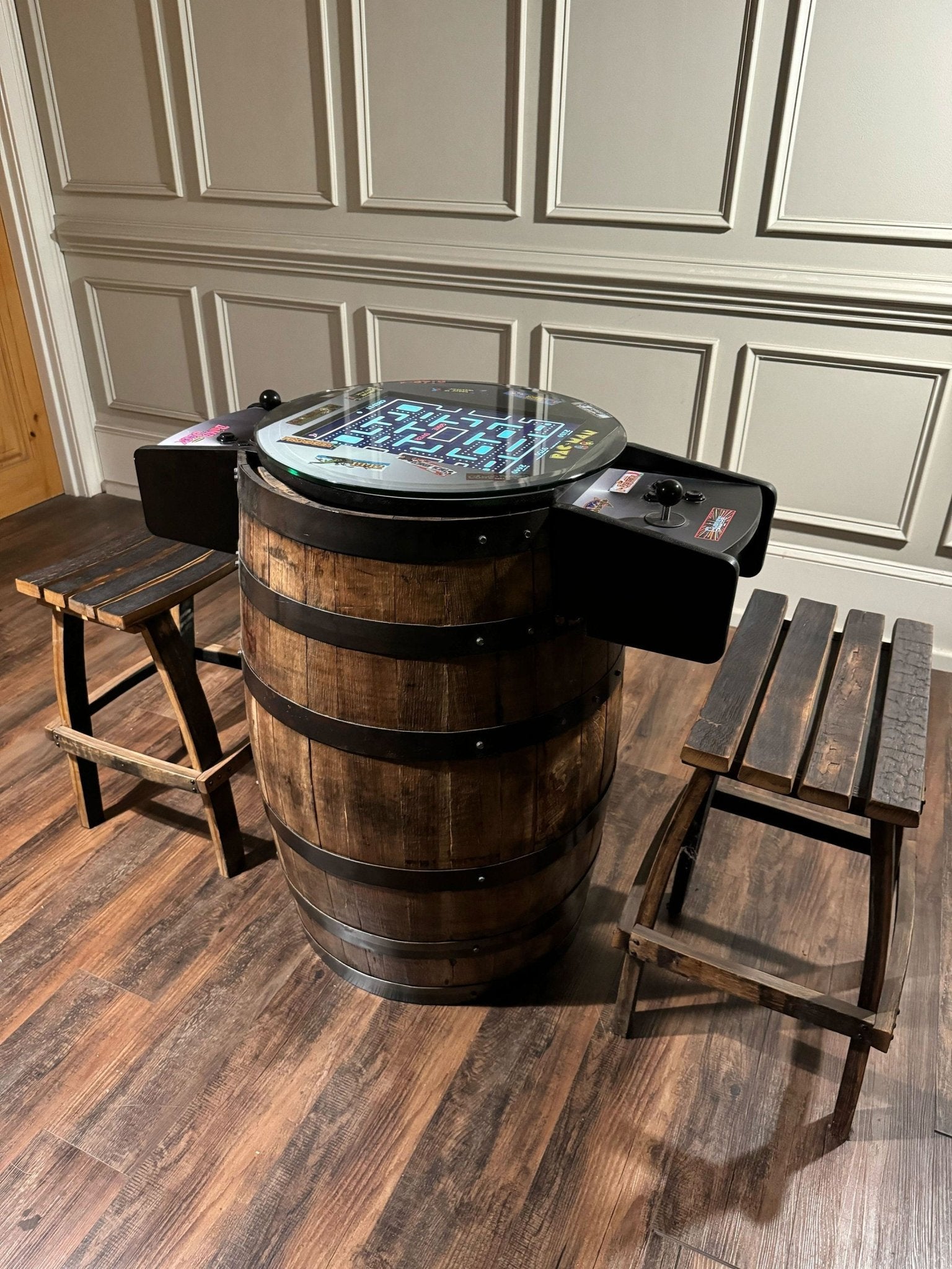 custom barrel arcade table rustic whiskey cask cocktail gaming machine upscale home bar entertainment furniture at Home Man Cave