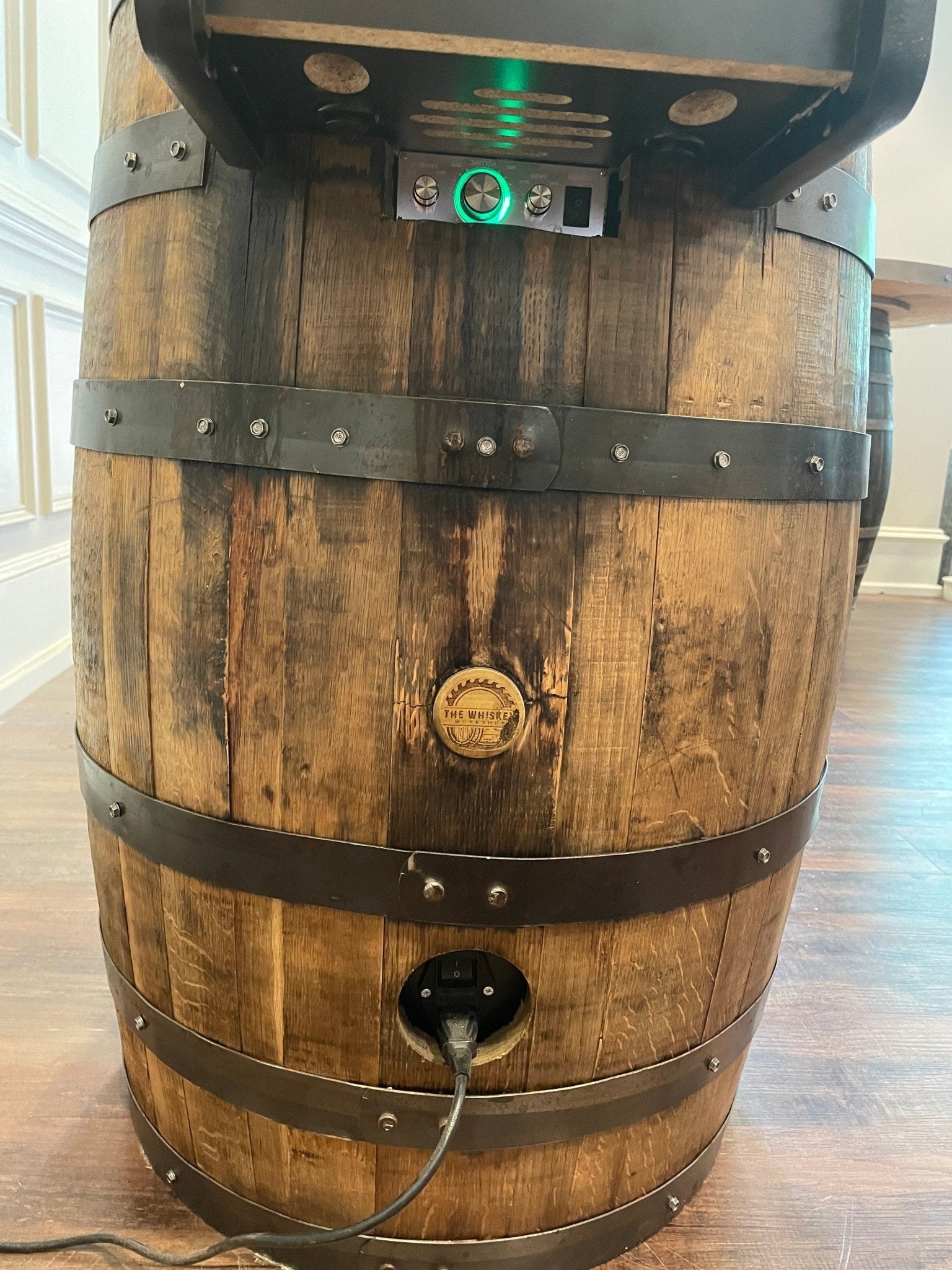 custom barrel arcade table authentic oak timber whiskey cask frame rustic hardware details craftsmanship at Home Man Cave