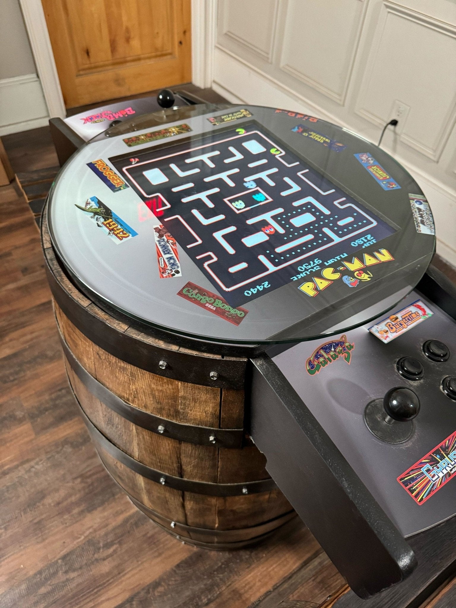 custom barrel arcade table luxury premium electronic retro gaming center cocktail layout whiskey cask design at Home Man Cave