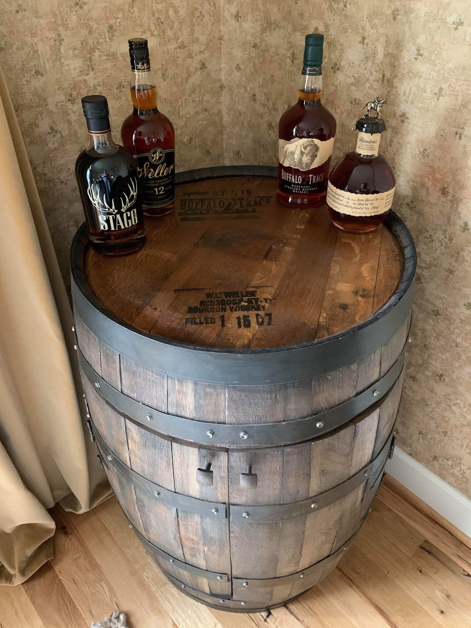 Bespoke bourbon barrel cabinet fashioned from authentic distillery casks to elevate luxury estate home bars at Home Man Cave.