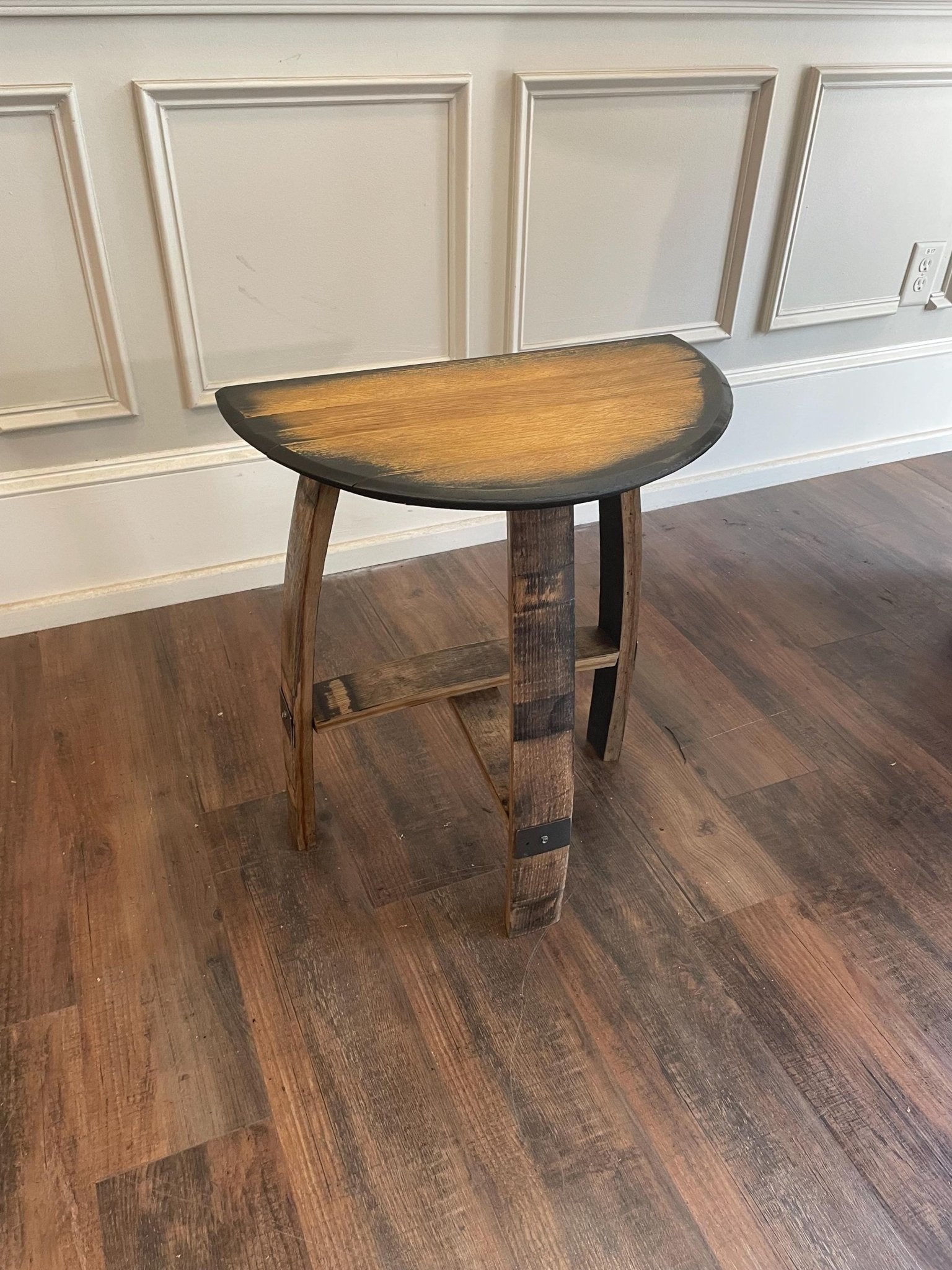 Handcrafted bourbon bar stool engineered with authentic reclaimed whiskey barrel staves and custom seat finish options