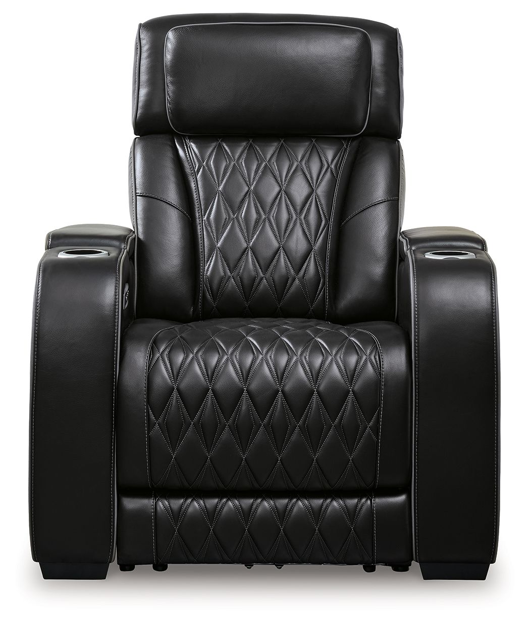 Boyington luxury power recliner showcases precision diamond-quilted upholstery and bespoke integrated console cup holders