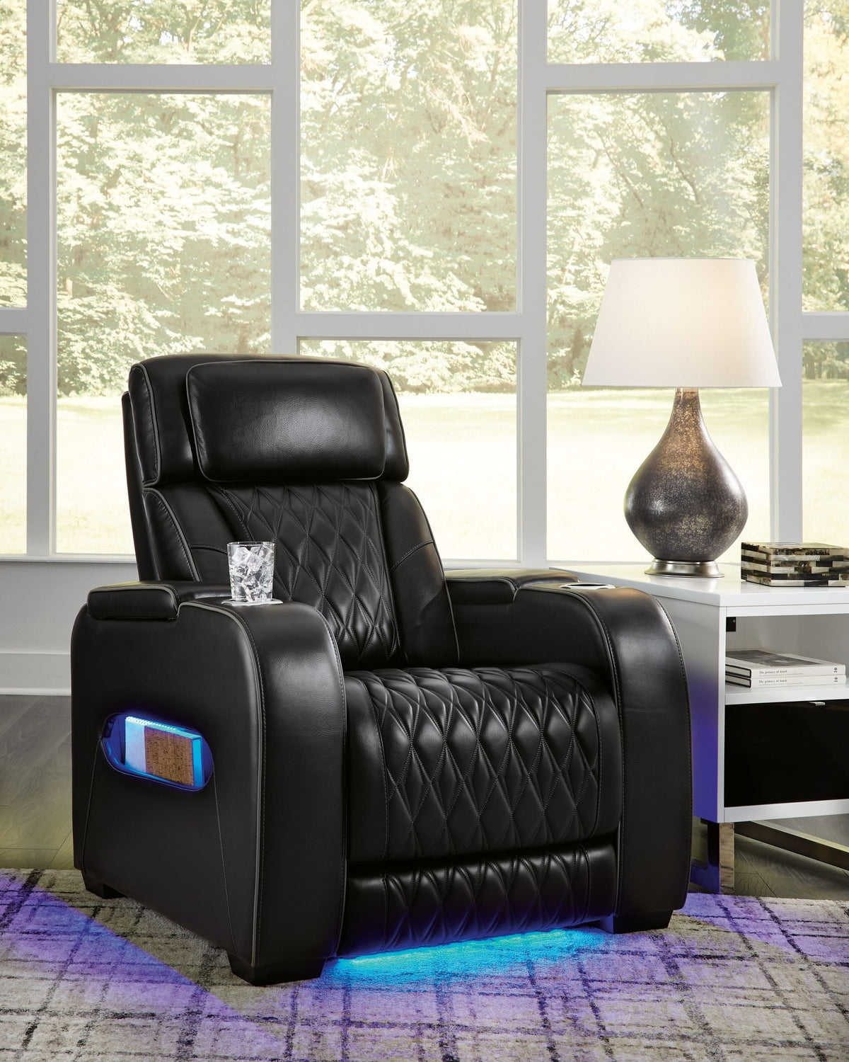 Boyington luxury power recliner integrates ambient blue pathway illumination within an executive retreat at Home Man Cave