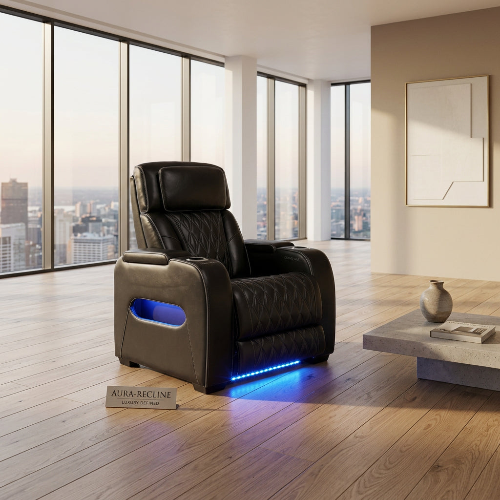 Boyington luxury power recliner anchors an expansive architectural penthouse salon with motorized comfort at Home Man Cave