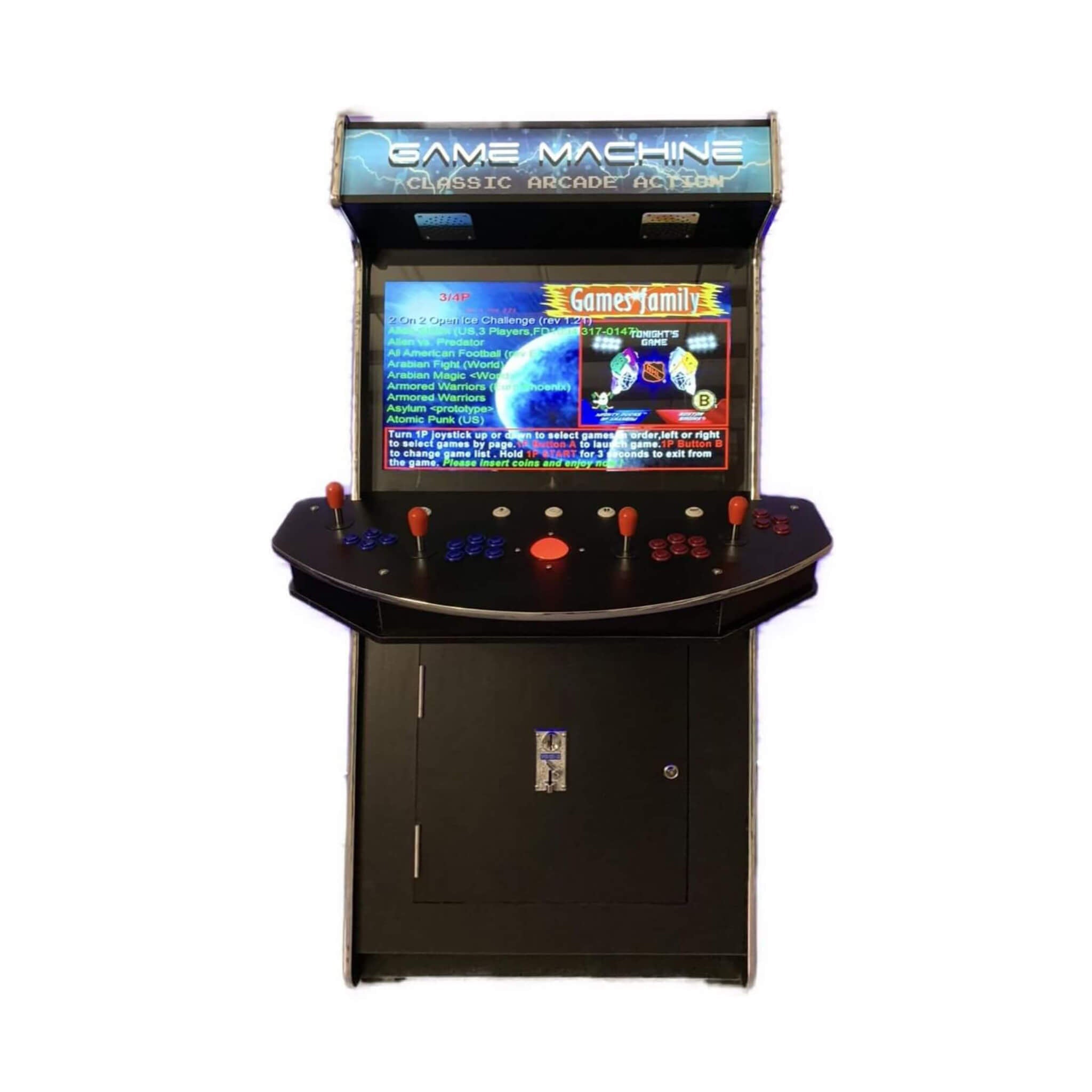 Premium 4 player arcade machine asset featuring commercial grade multi game software inside luxury home recreation lounges.