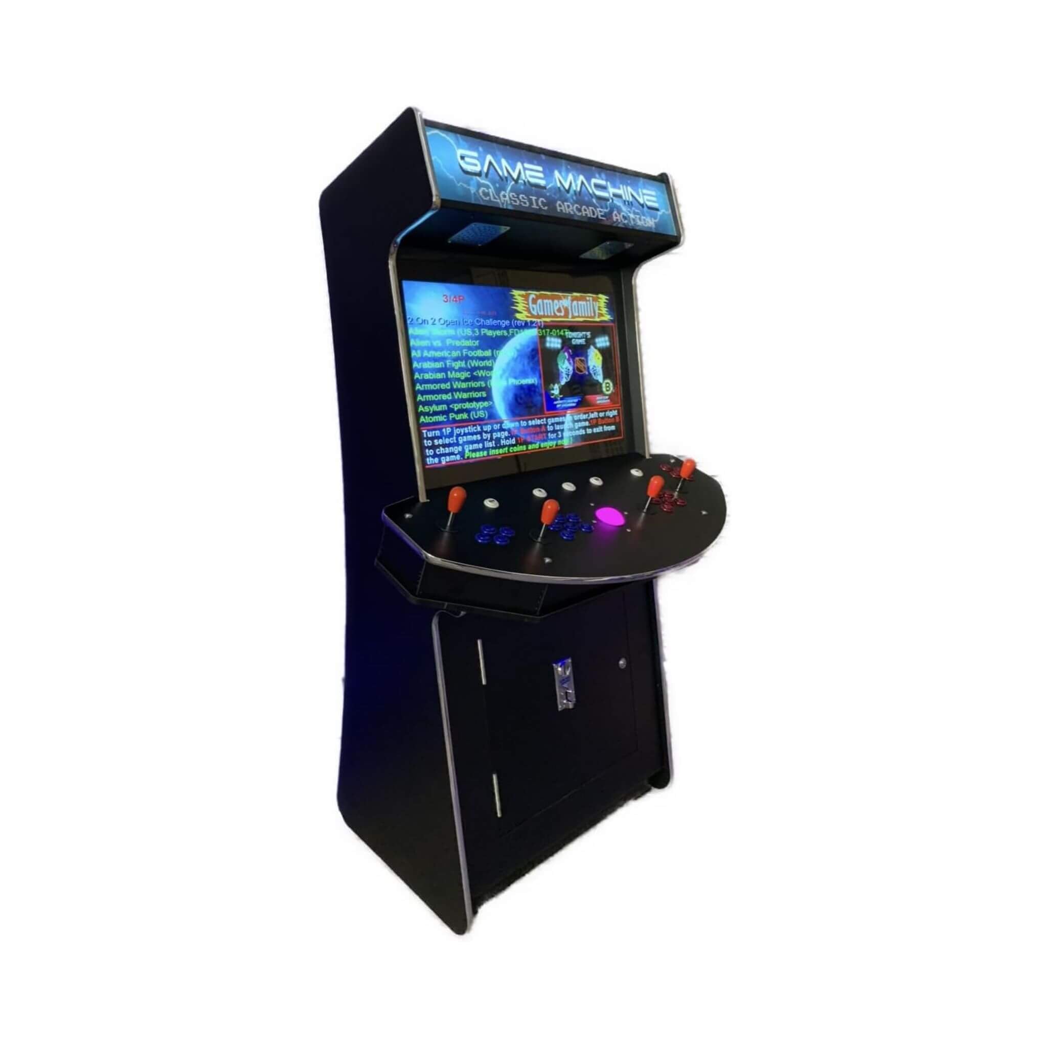 Investment grade upright arcade machine system integrating classic retro multiplayer games for elite mansion entertainment.
