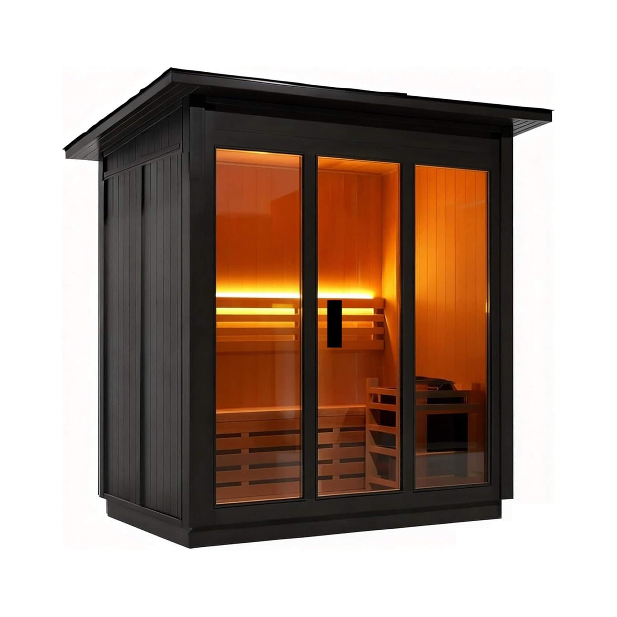 Cedar outdoor sauna with custom heater and stones for backyard steam and recovery