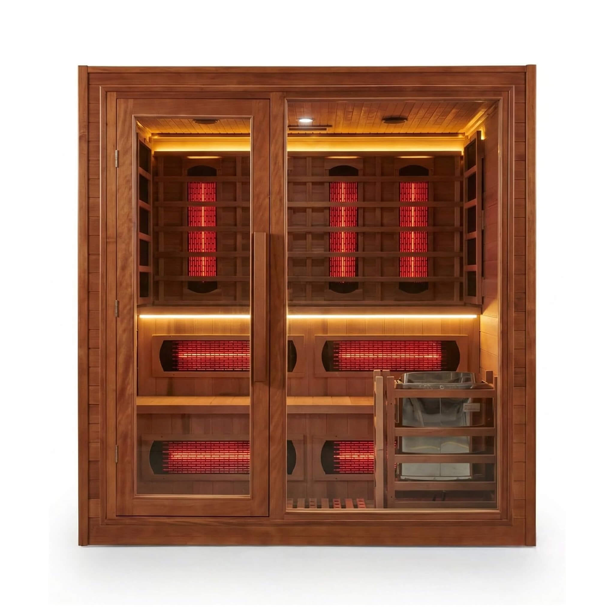 Premium Canadian Red Cedar timber cabinetry and full-spectrum carbon infrared heating panels in the Elvaria indoor cedar sauna