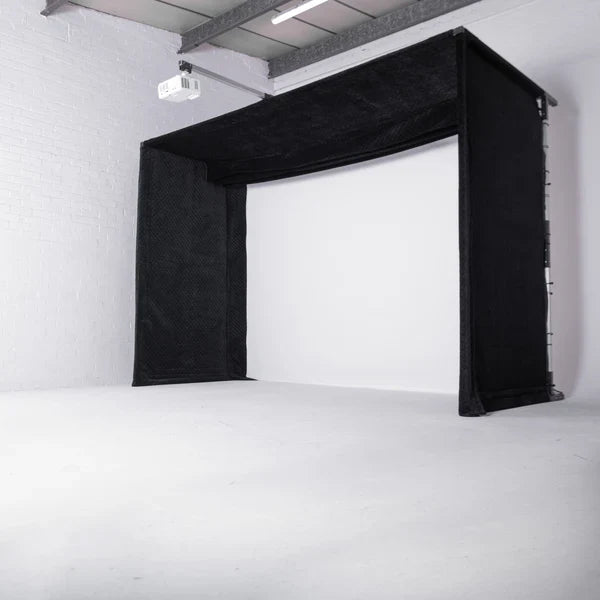 GolfBays Lux golf simulator enclosure – front view, black frame on white background