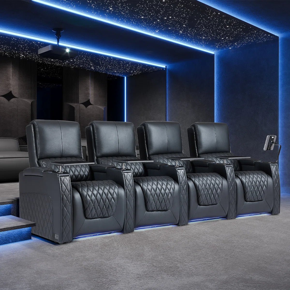 Luxury Cinematic Suite - Row of Four Black Haiylee Zero Gravity Home Theater Seating with Ambient Blue LED Lighting