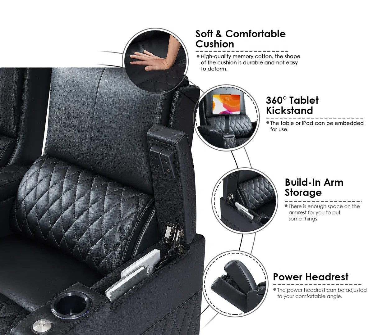 Haiylee Feature Detail - Hidden Arm Storage Memory Foam Cushion and Power Adjustable Headrest