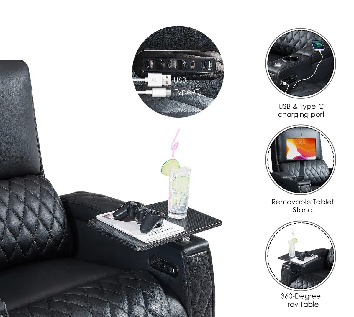 Black Leather Armrest Detail - Haiylee Seating showing USB-C Charging Port and Swivel Tray Table