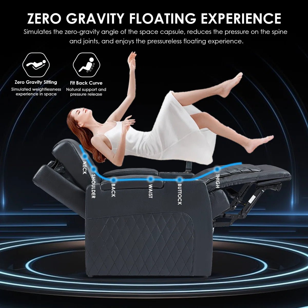 Zero Gravity Floating Experience Diagram - Haiylee Cinema Chair showing Space Capsule Weightless Position