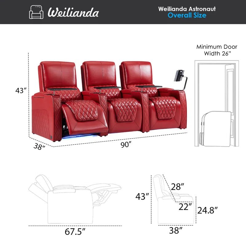 Haiylee Zero Gravity Home Theater Seating Dimensions - Technical Measurement Diagram for Row of Three Seating