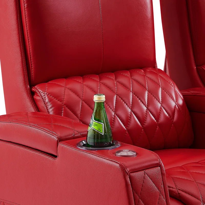 Red Leather Detail - Haiylee Zero Gravity Home Theater Seating featuring Quilted Stitching and Lit Cup Holder