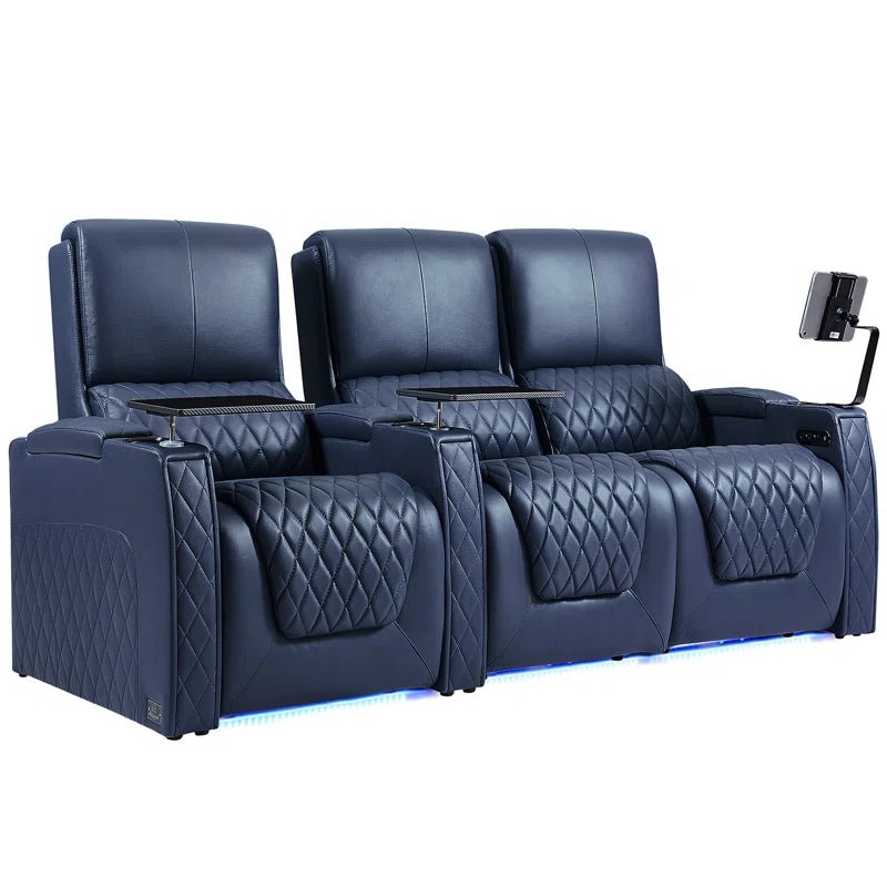 Navy Blue Leather Home Theater Seating - Haiylee Power Recliner Sofa with Blue LED Ambient Lighting