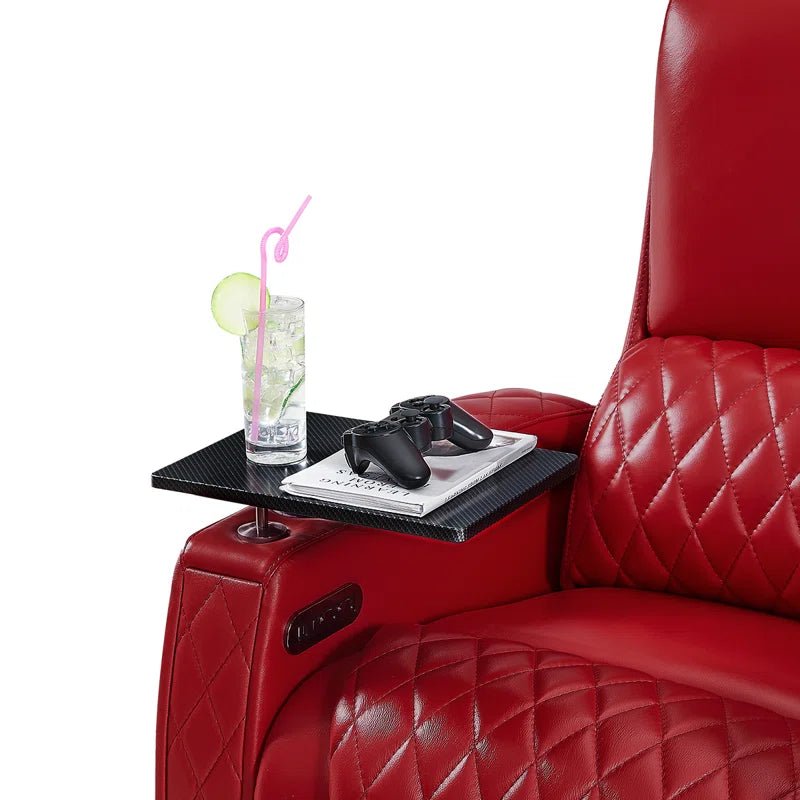 Red Leather Close Up - Haiylee Power Recliner with 360-Degree Swivel Tray Table and Game Controller