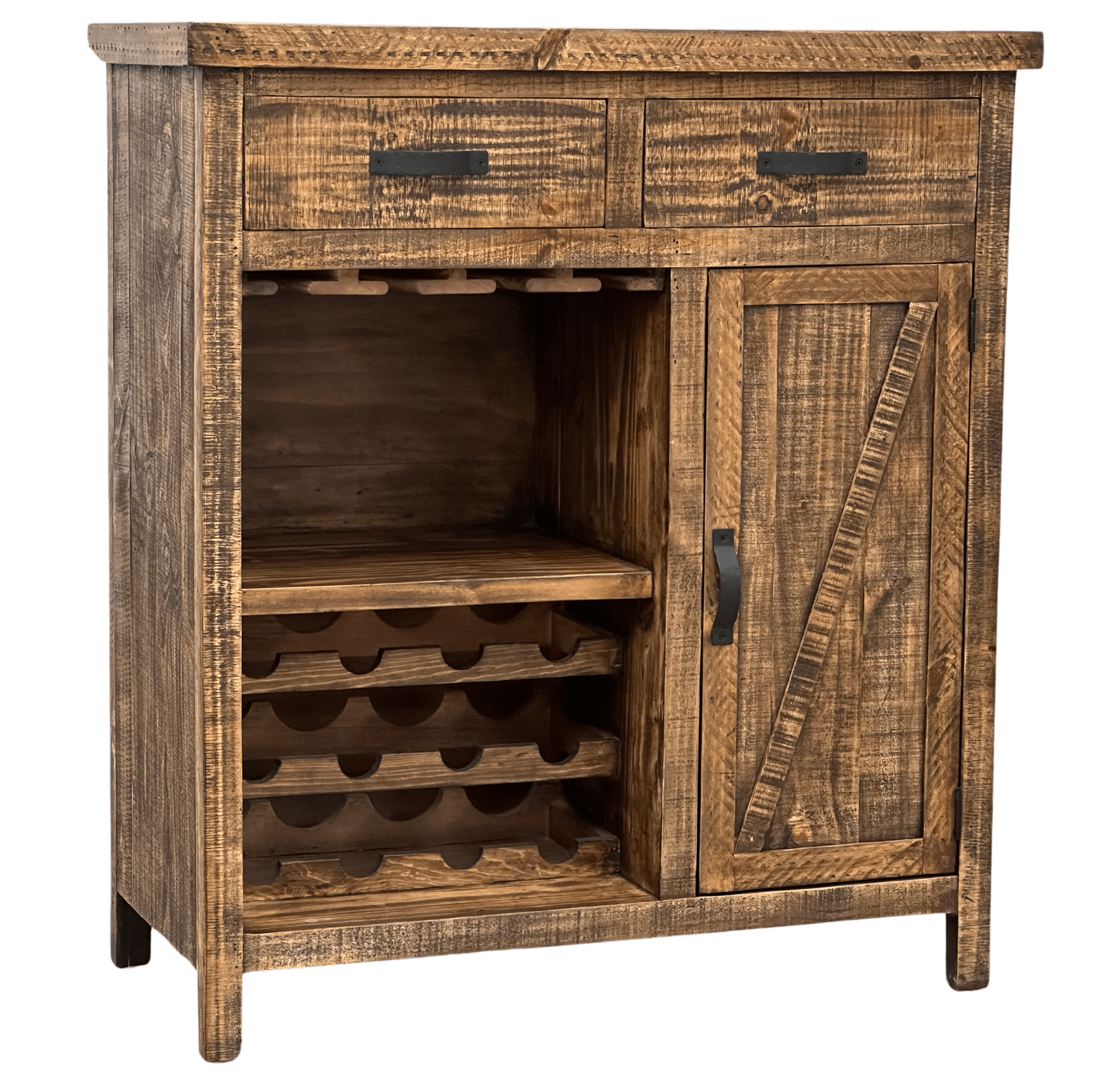 Homestead freestanding rustic wine rack solid pine wood home bar bottle storage cabinet stemware hanging glass holder unit